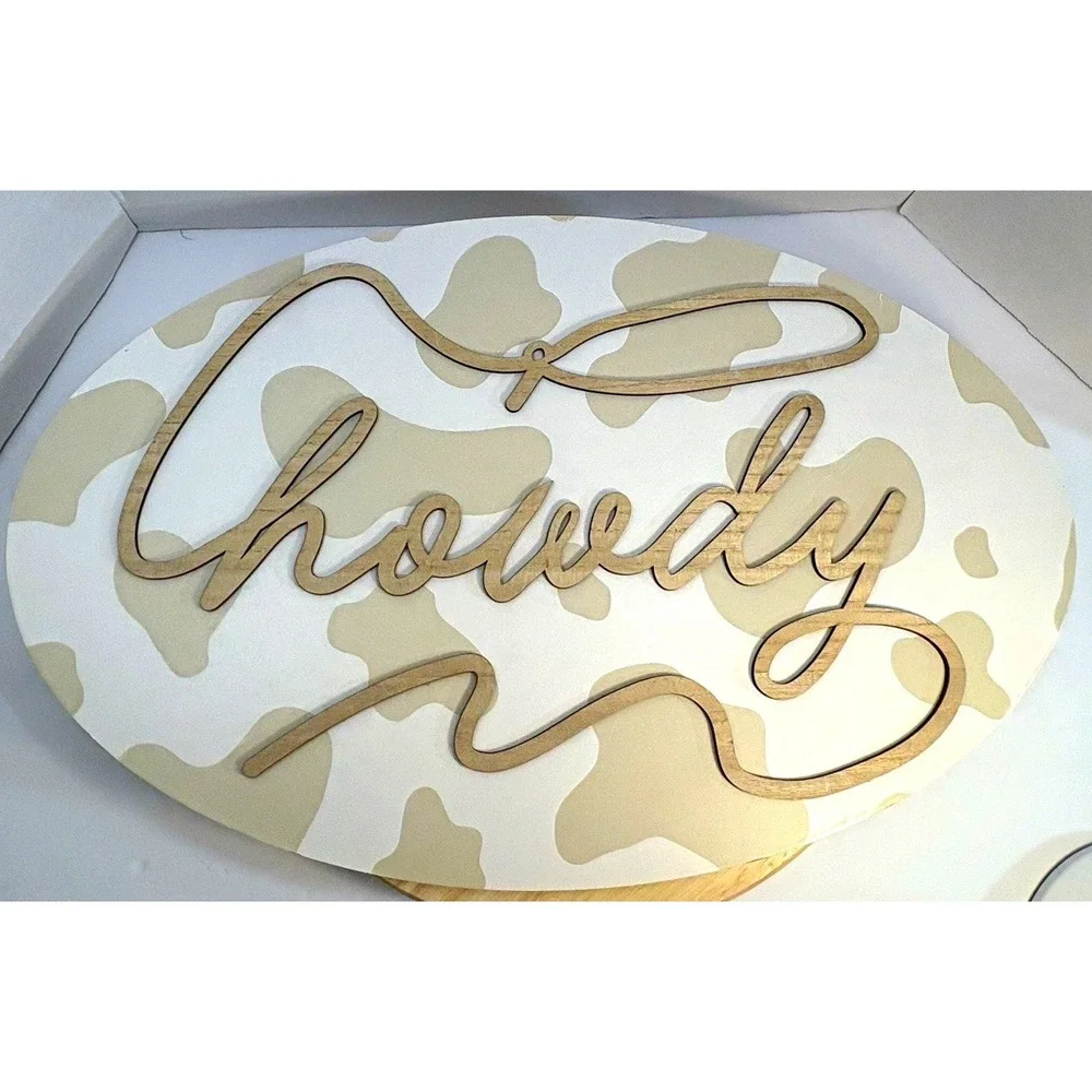 Hobby Lobby Oval Cow Print Howdy Wood Wall Sign 3D Wall Mounted 13.98 x 22.05 in